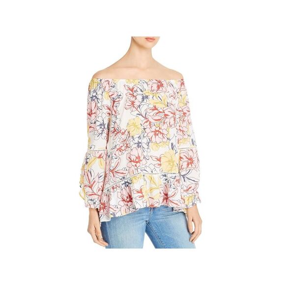 SINGLE THREAD Tops - SINGLE THREAD Womens Pink Ruffled Floral Long Sleeve Off Shoulder Top XS